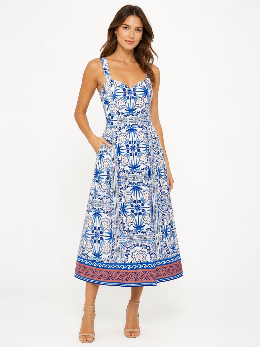 🌺 Avec Les Filles Blue Palm Tile Sweetheart Neckline Fit & Flare Midi Dress NWOT